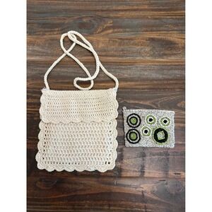 Crochet Crossbody Bag & Beaded Coin‎ Purse Set Cotton Blend Boho Chic